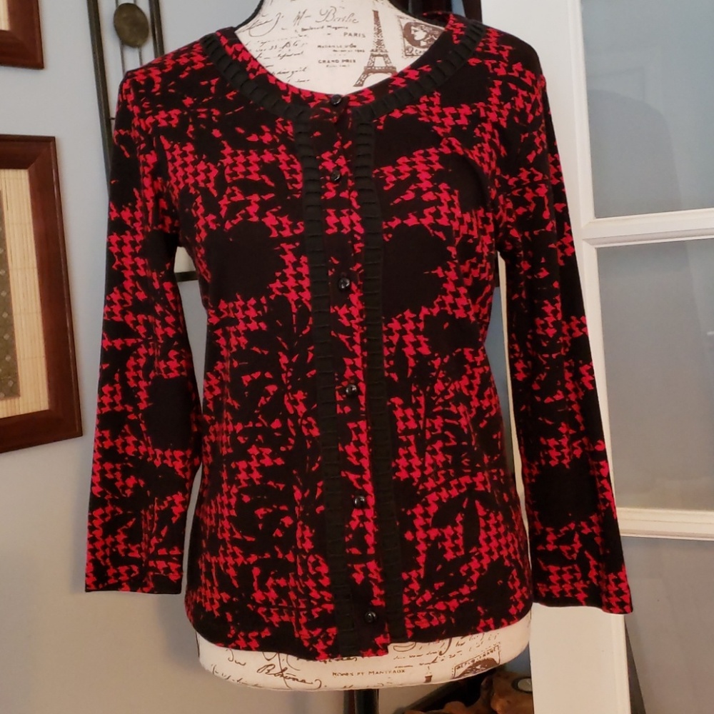 Rafaella Red & Black Sweater w/Grosgrain Trim Sz M